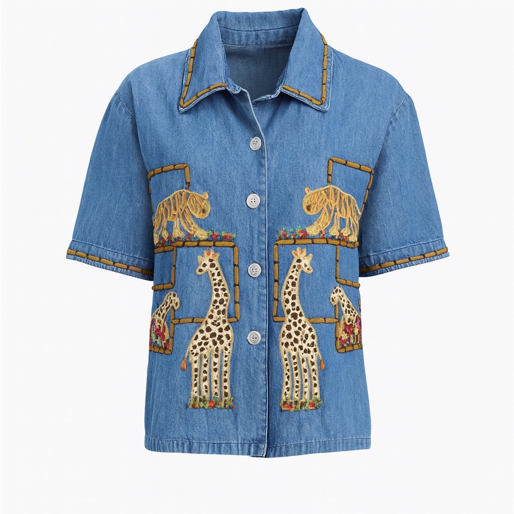 VTG Moka Denim Safari Animal Embroidered Button Up Shirt Women’s L Tiger Giraffe